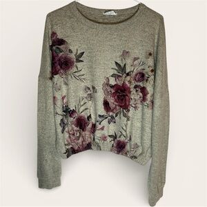 Live In The Moment Gray Floral Pullover Long-Sleeve Top Sweater - Size XL